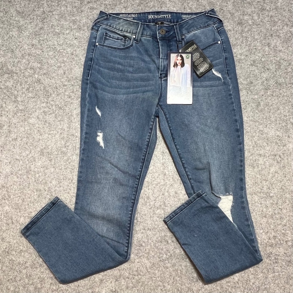 NWT Soundstyle Jamie Ankle Skinny Jeans Medium Wash Distressed Blue Denim Size 6